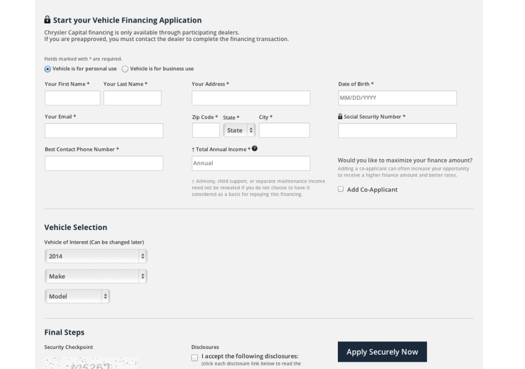 Chrysler Capital preapproved auto financing application