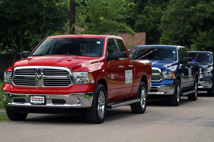 Ram trucks s were ready to take disaster supplies to affected residents in Rosenberg, Texas.