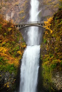 Multnomah Falls, framed by changing fall colors