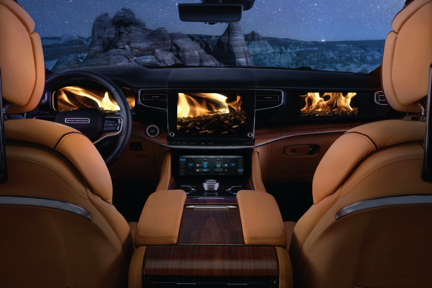 Grand Wagoneer display screens showing campfire flames 