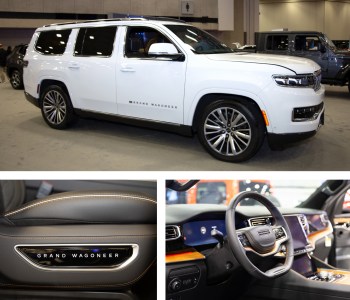 White 2023 Jeep Grand Wagoneer Series III with dashboard and steering wheel.