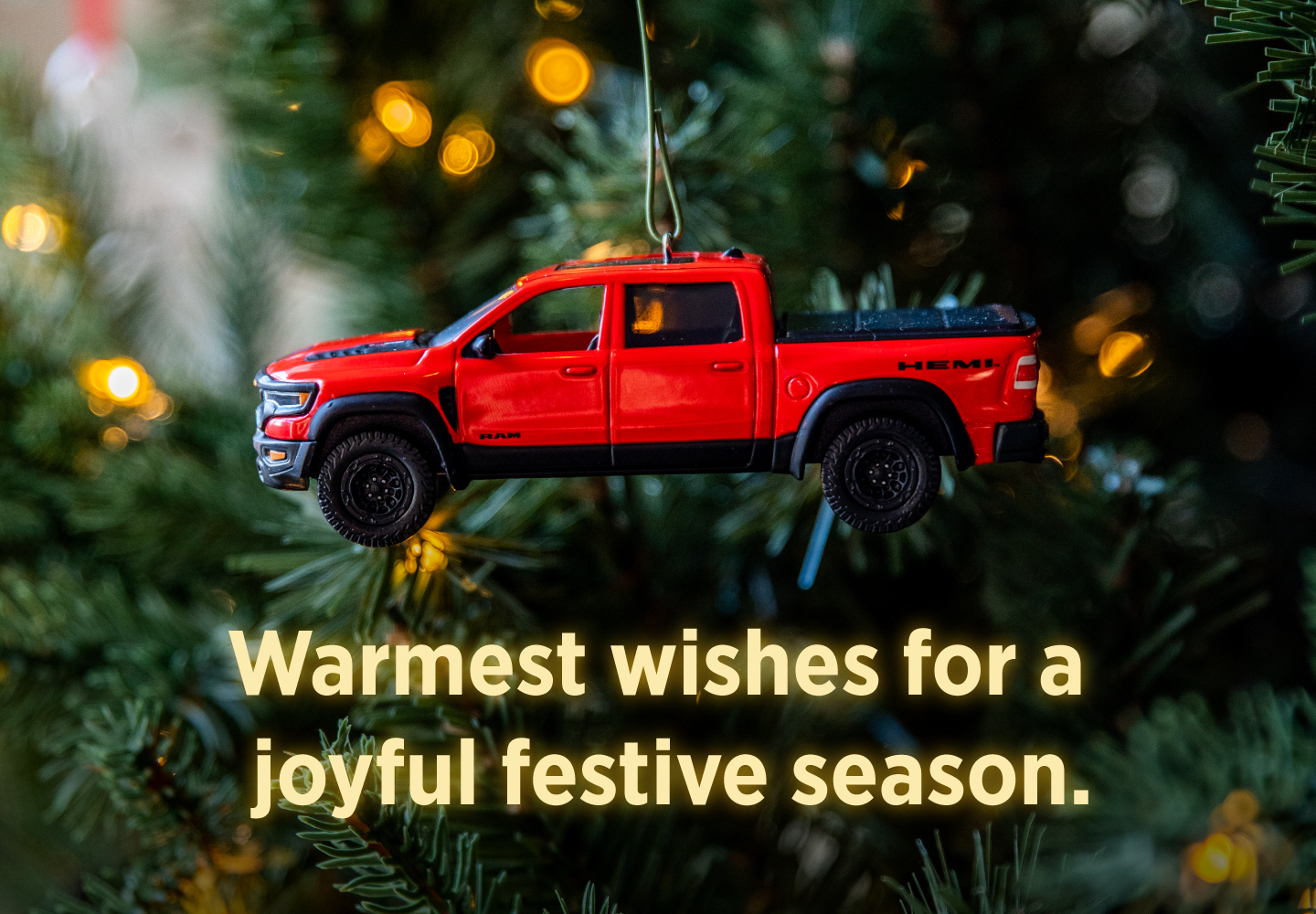 Red Ram truck ornament on a tree.