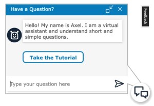 Axel virtual assistant chat window with welcome message