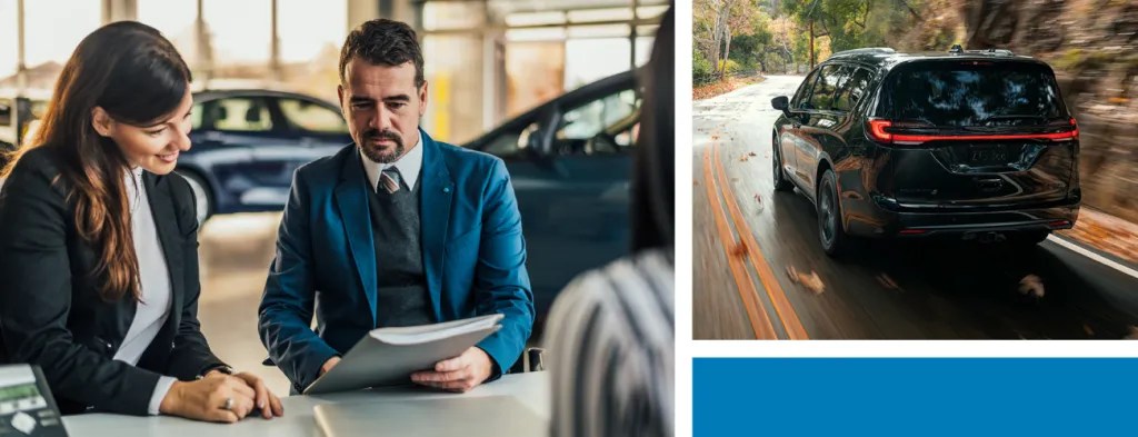 Customer reading vehicle lease return terms at dealership